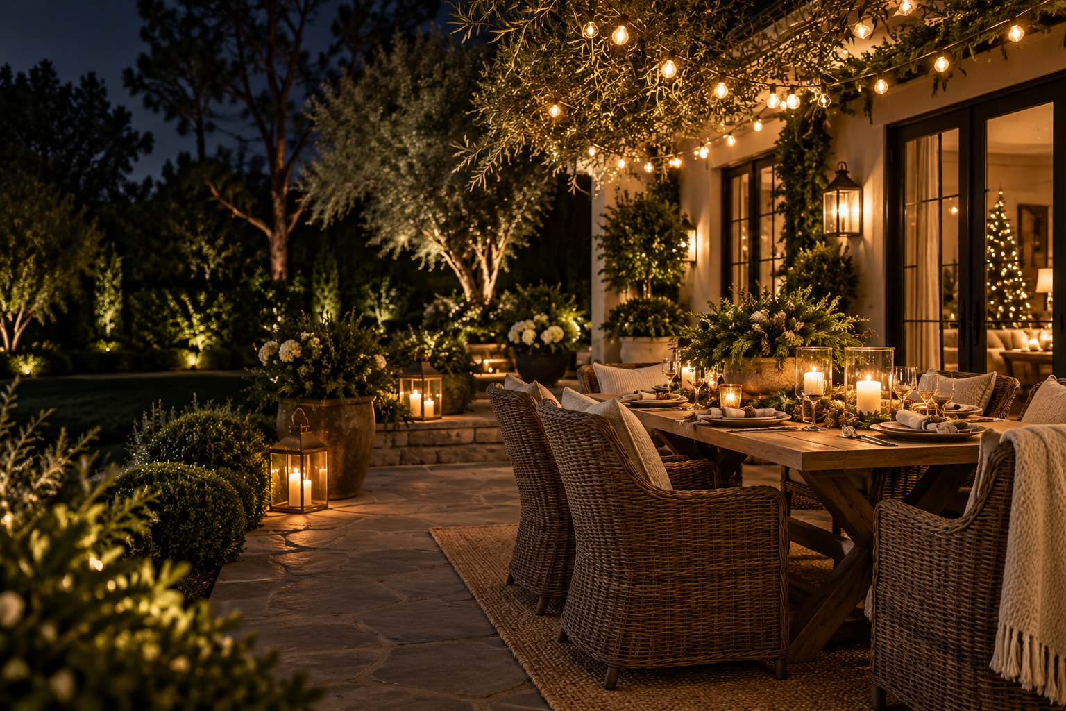 A warmly lit outdoor home